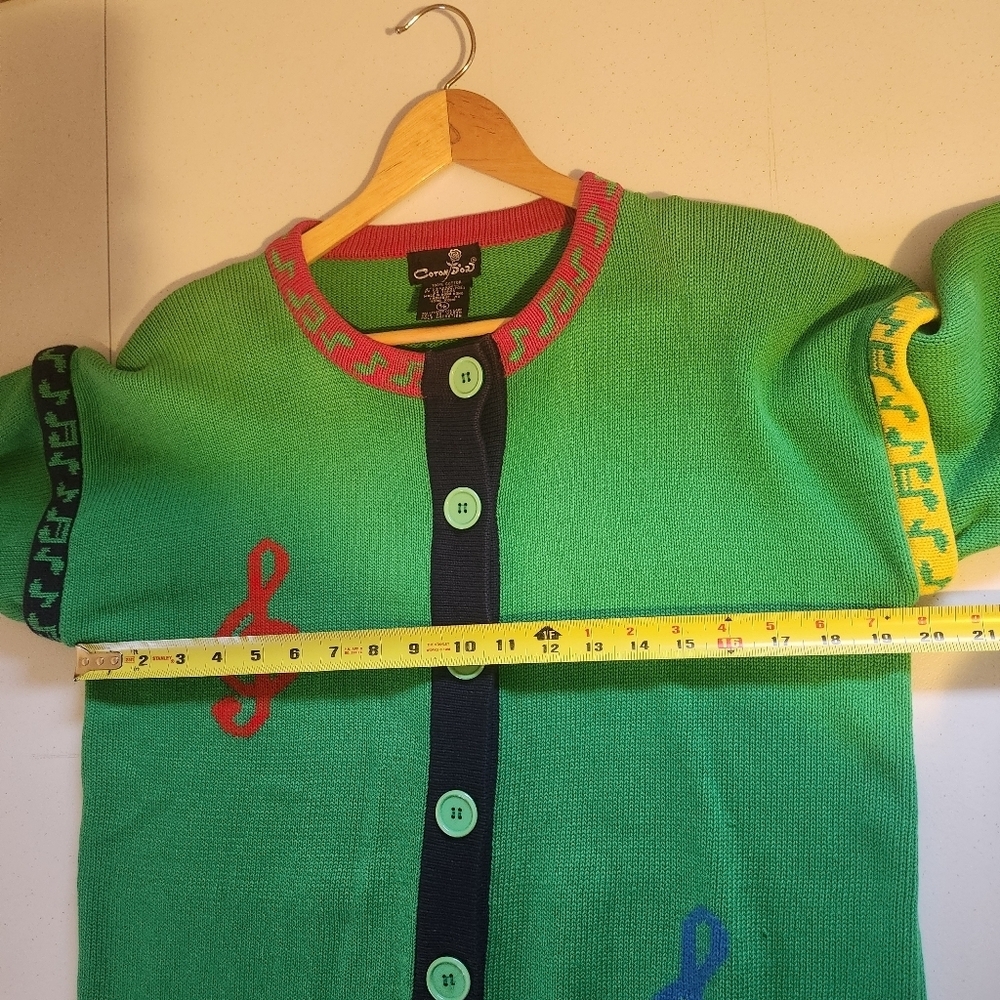 Vintage Music Note Sweater Cardigan Green Colourful Buttons Teacher Size Small - Picture 10 of 12